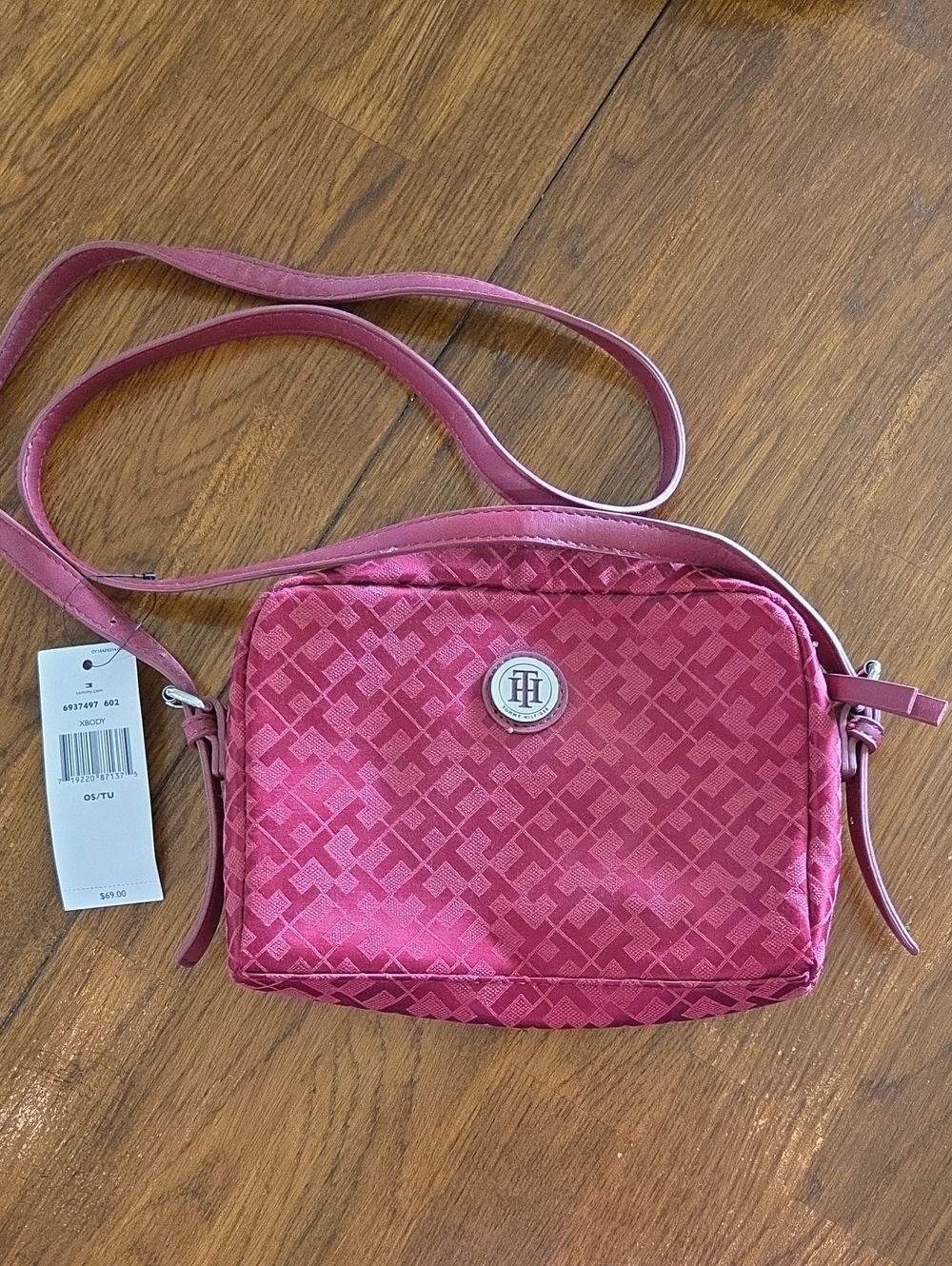 Tommy Hilfiger Burgundy Patterned Crossbody with Logo Medallion